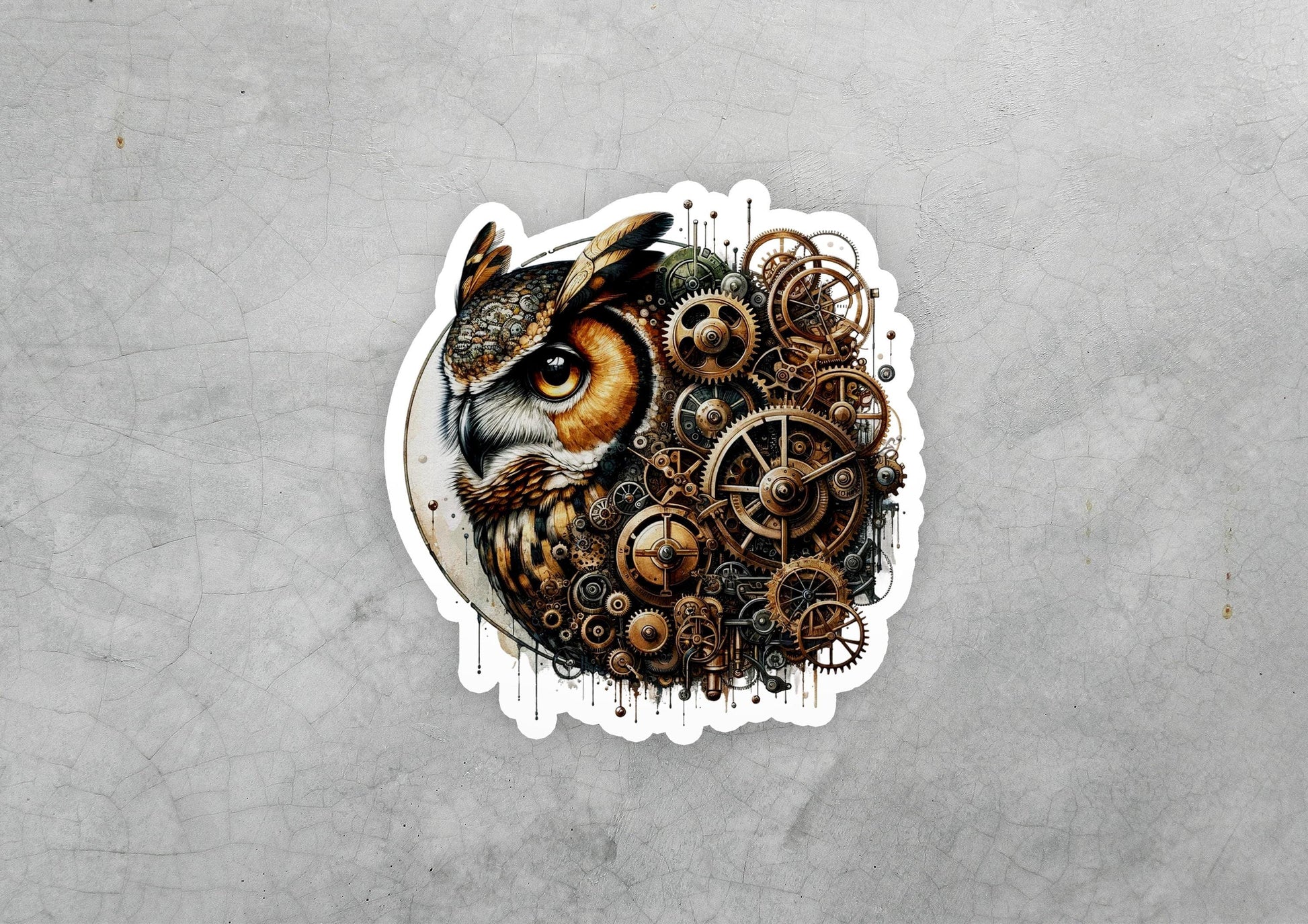 a sticker of an owl surrounded by gears