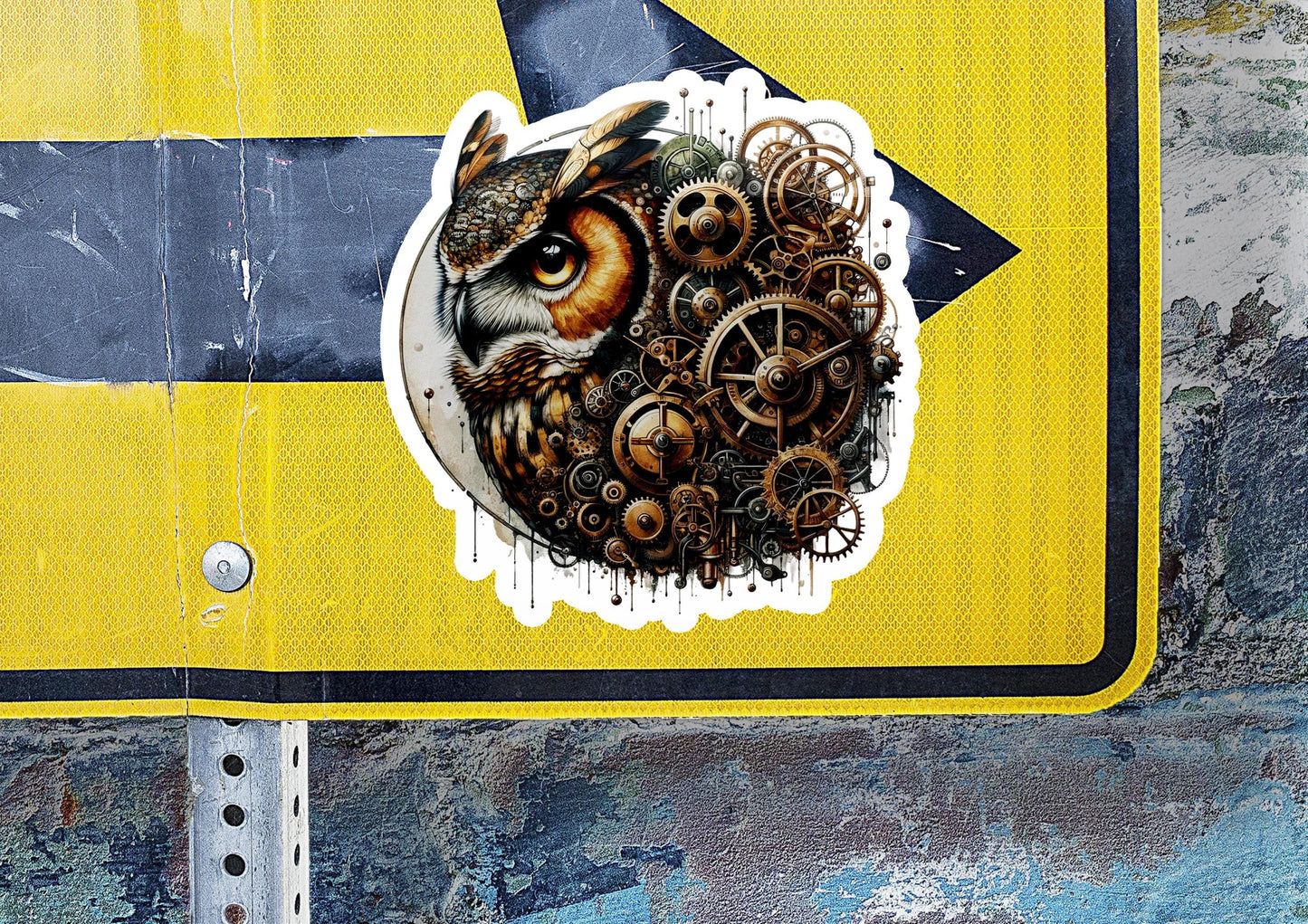 a sticker of an owl with gears on it