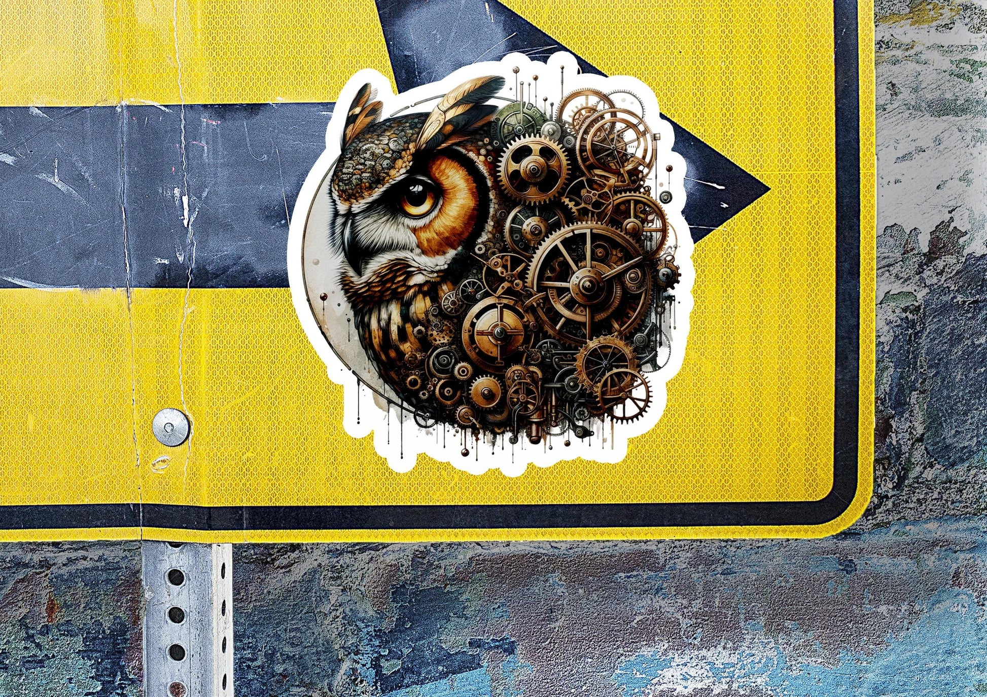a sticker of an owl with gears on it