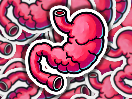 a pink sticker of a stomach with a hole in the middle