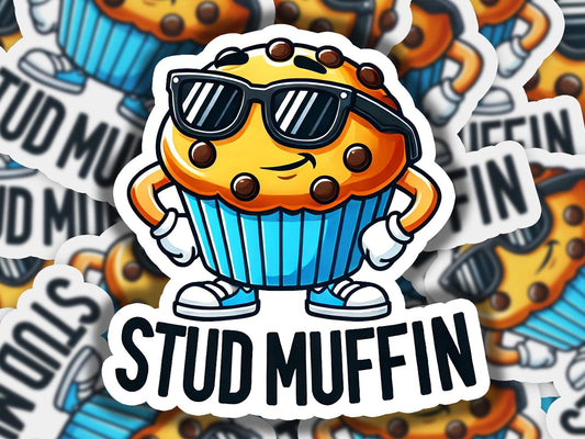 a sticker of a muffin with sunglasses on it