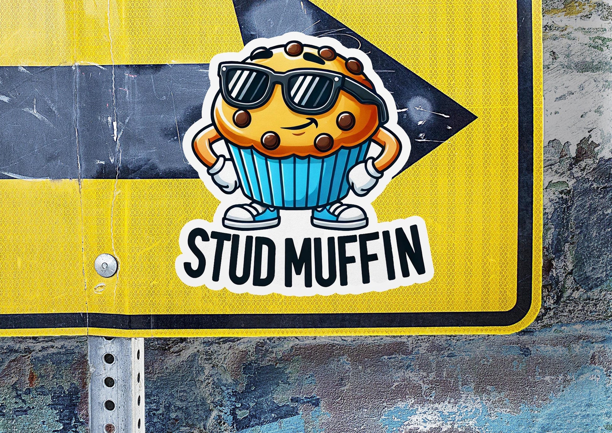 a street sign with a sticker of a muffin