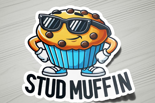 a sticker that says stud muffin on it
