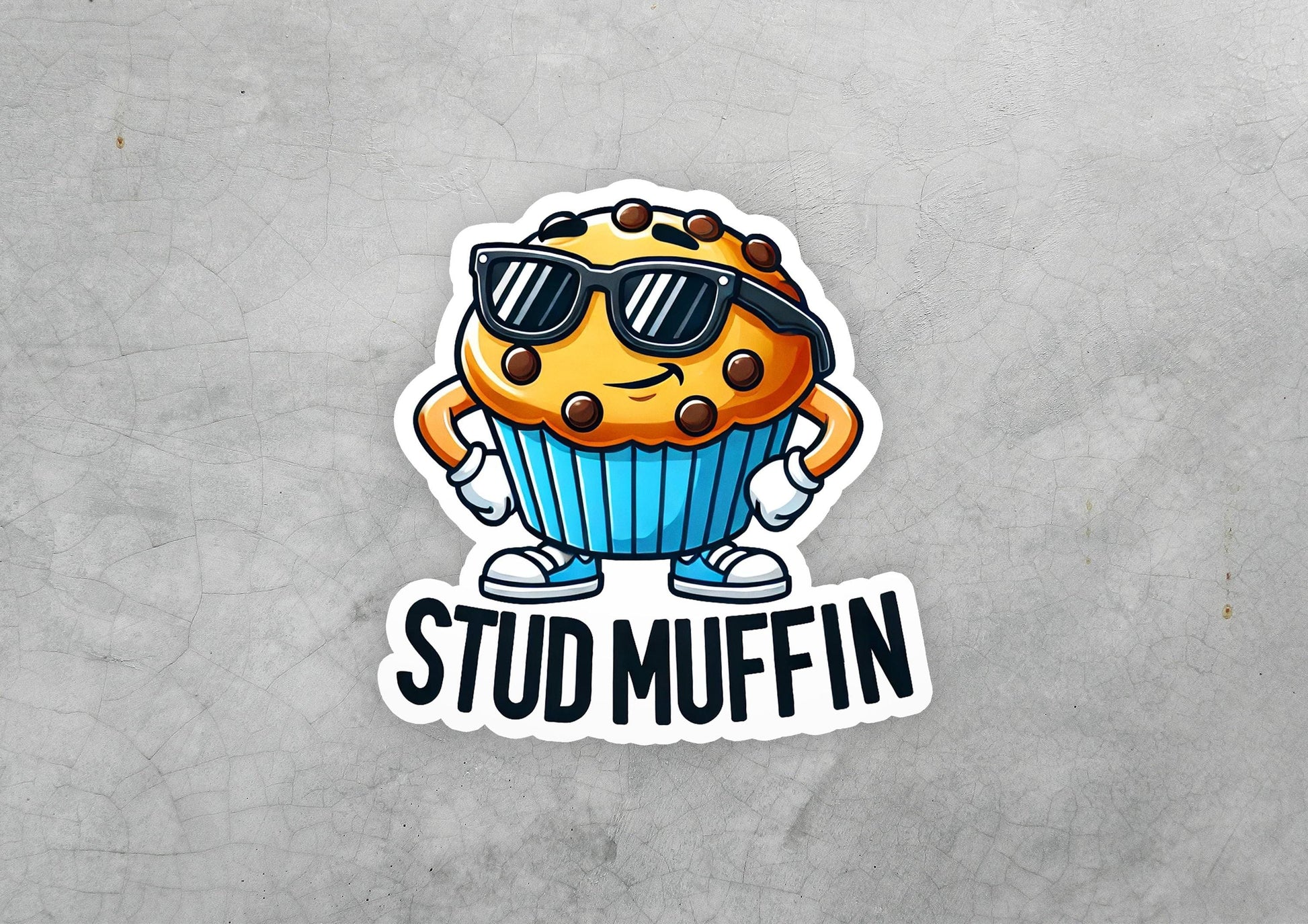 a sticker of a muffin with sunglasses on it