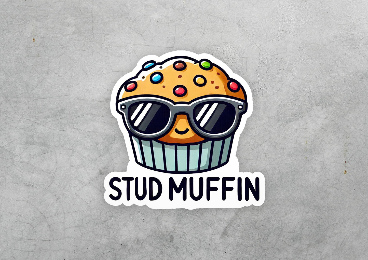 a sticker of a muffin with sunglasses on it