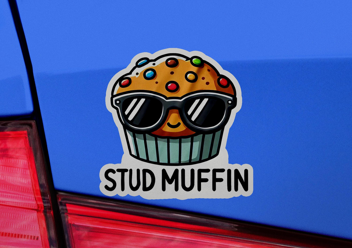 a sticker of a muffin with sunglasses on it