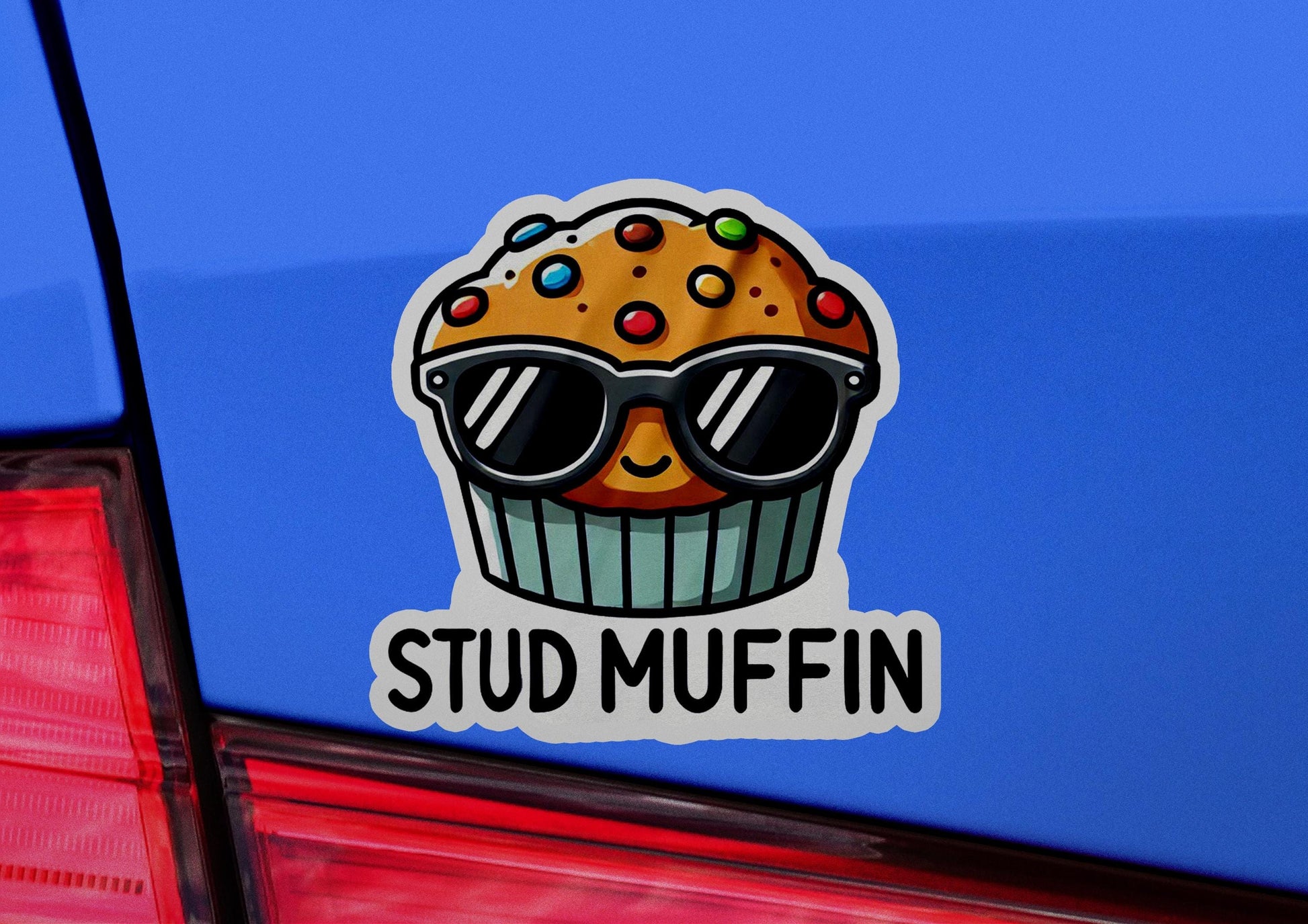 a sticker of a muffin with sunglasses on it