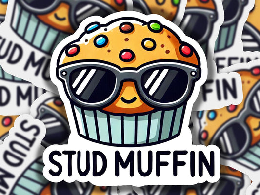 a sticker of a muffin with sunglasses on it