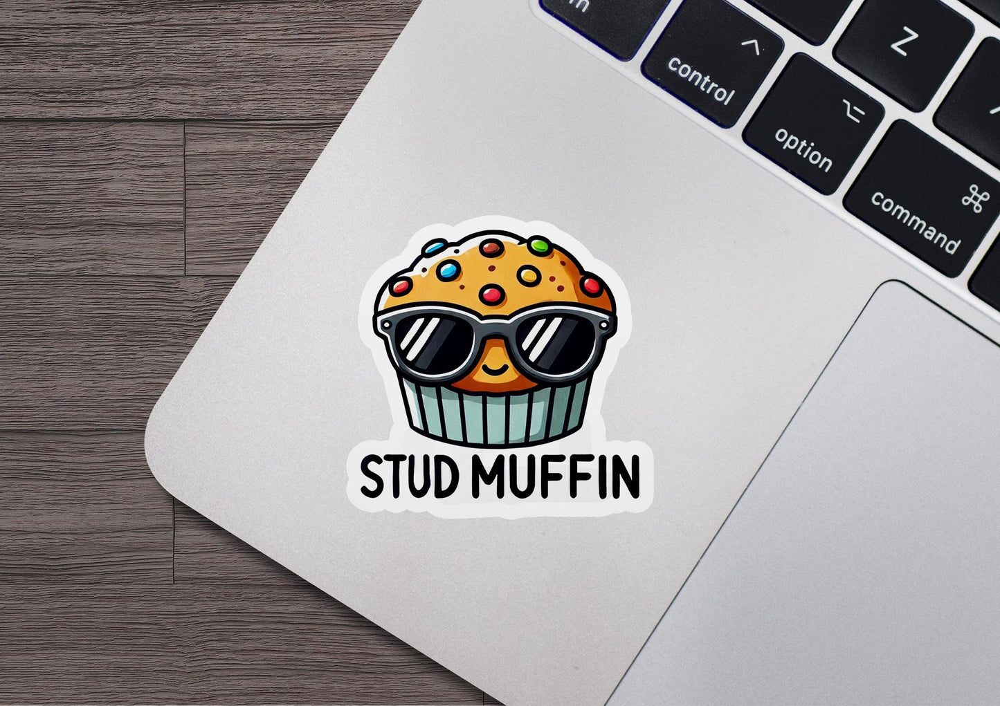 a sticker of a muffin with sunglasses on it