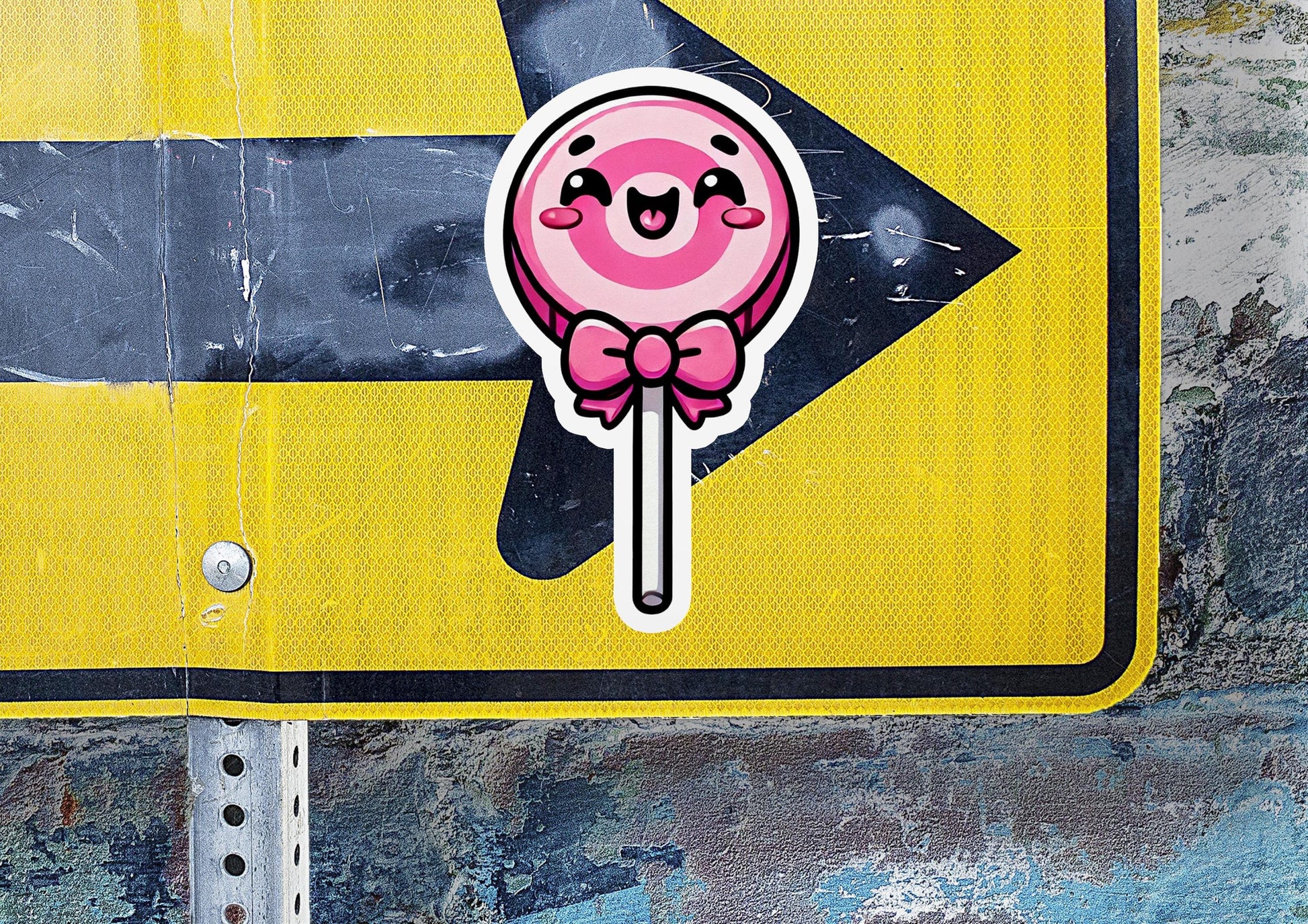 a sticker of a lollipop on a street sign