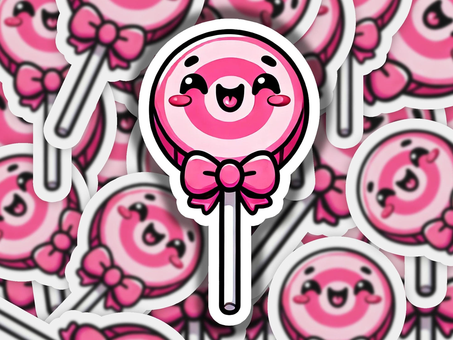 a sticker of a pink lollipop with a bow on it