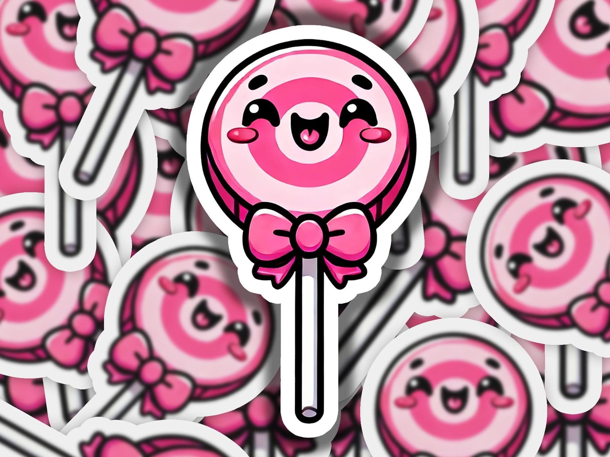 a sticker of a pink lollipop with a bow on it