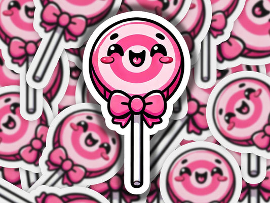 a sticker of a pink lollipop with a bow on it