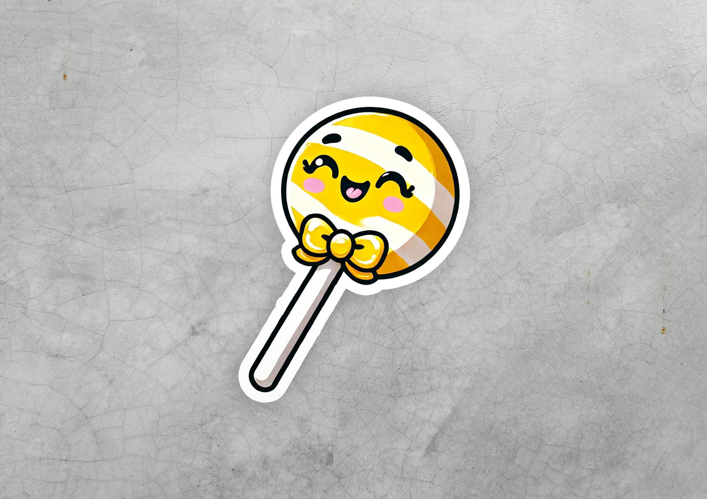 a sticker of a lollipop with a sad face