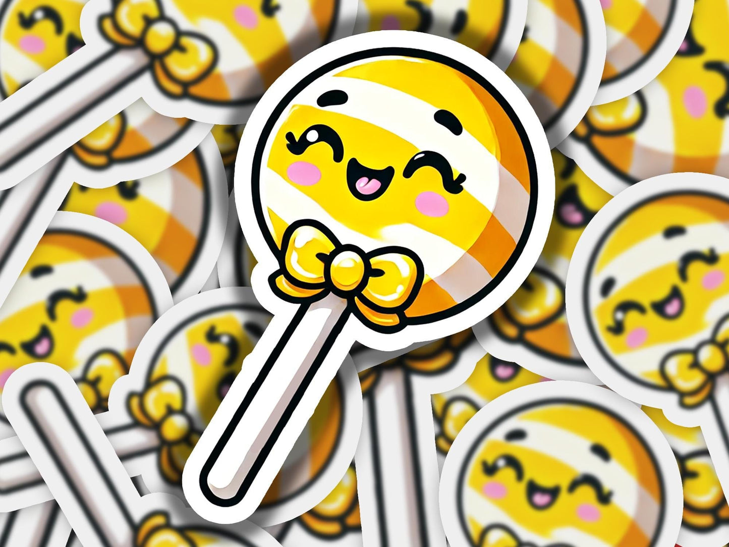 a sticker of a lollipop surrounded by smiley faces