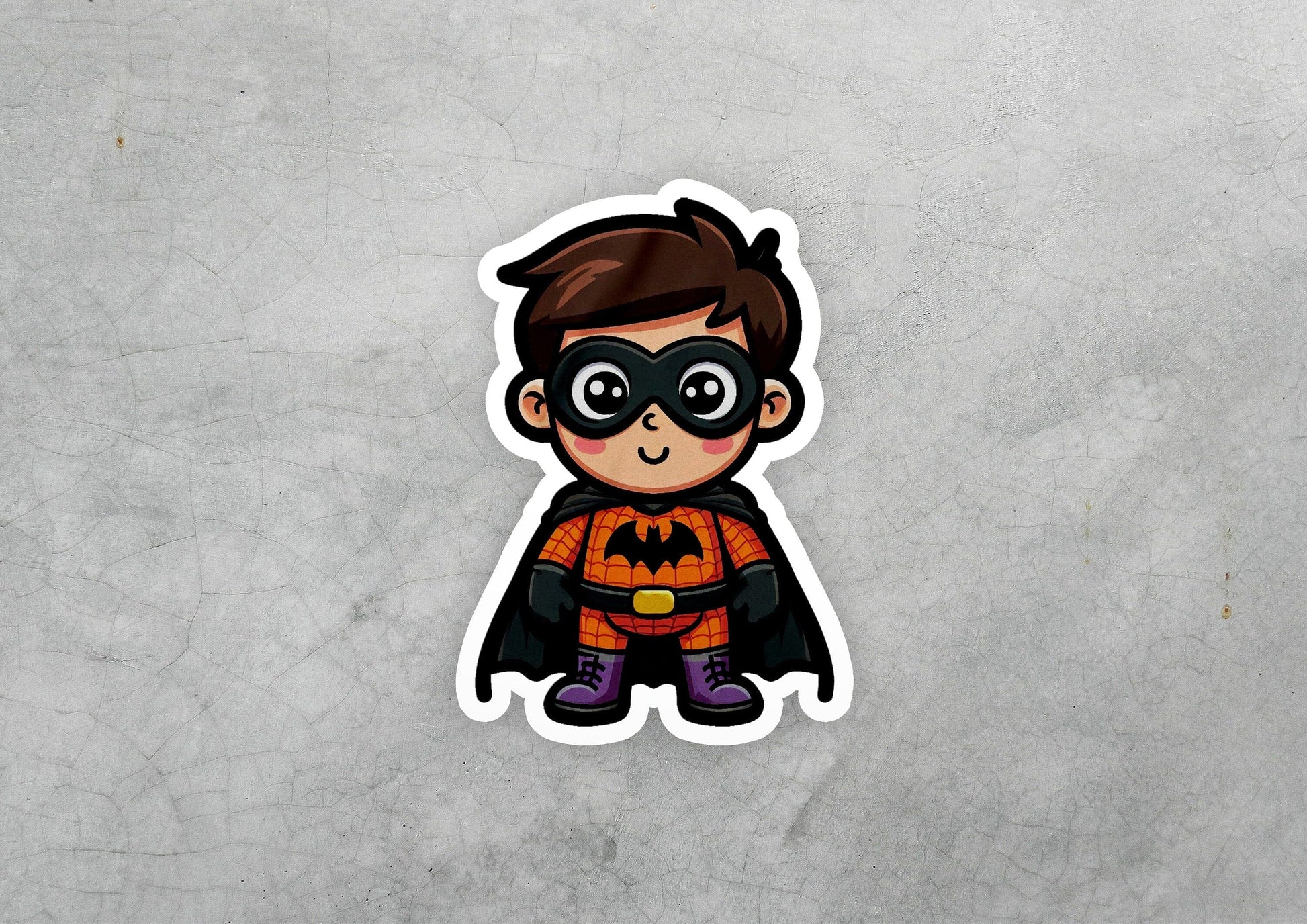 a sticker of a boy in a batman costume