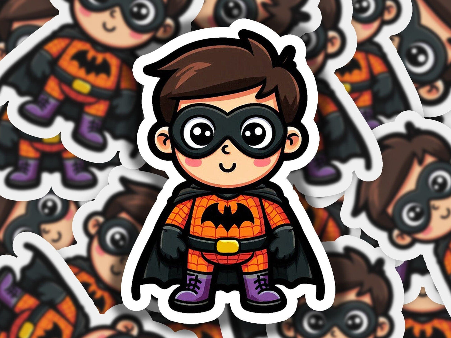 a sticker of a boy dressed as a batman