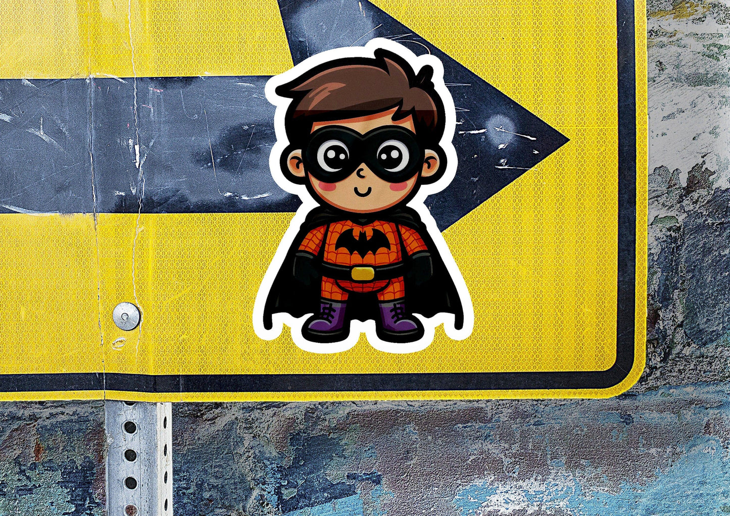 a sticker of a boy dressed as a batman