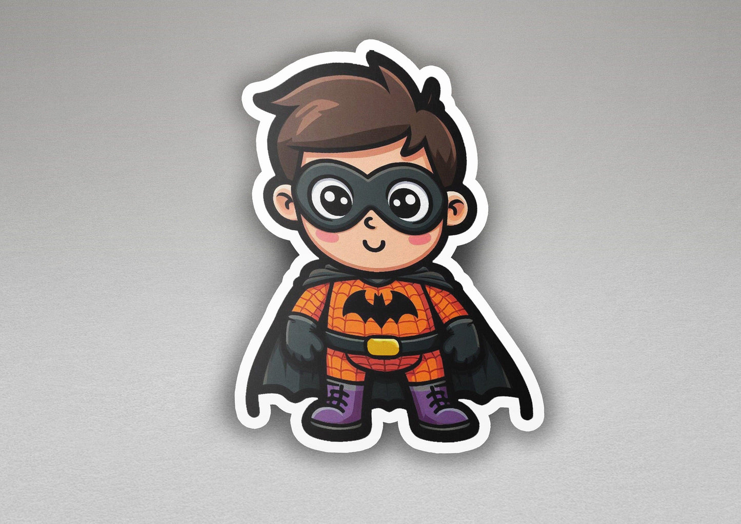 a sticker of a boy dressed as a batman