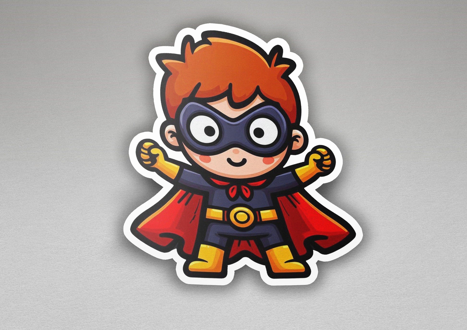 a sticker of a little boy dressed as a super hero