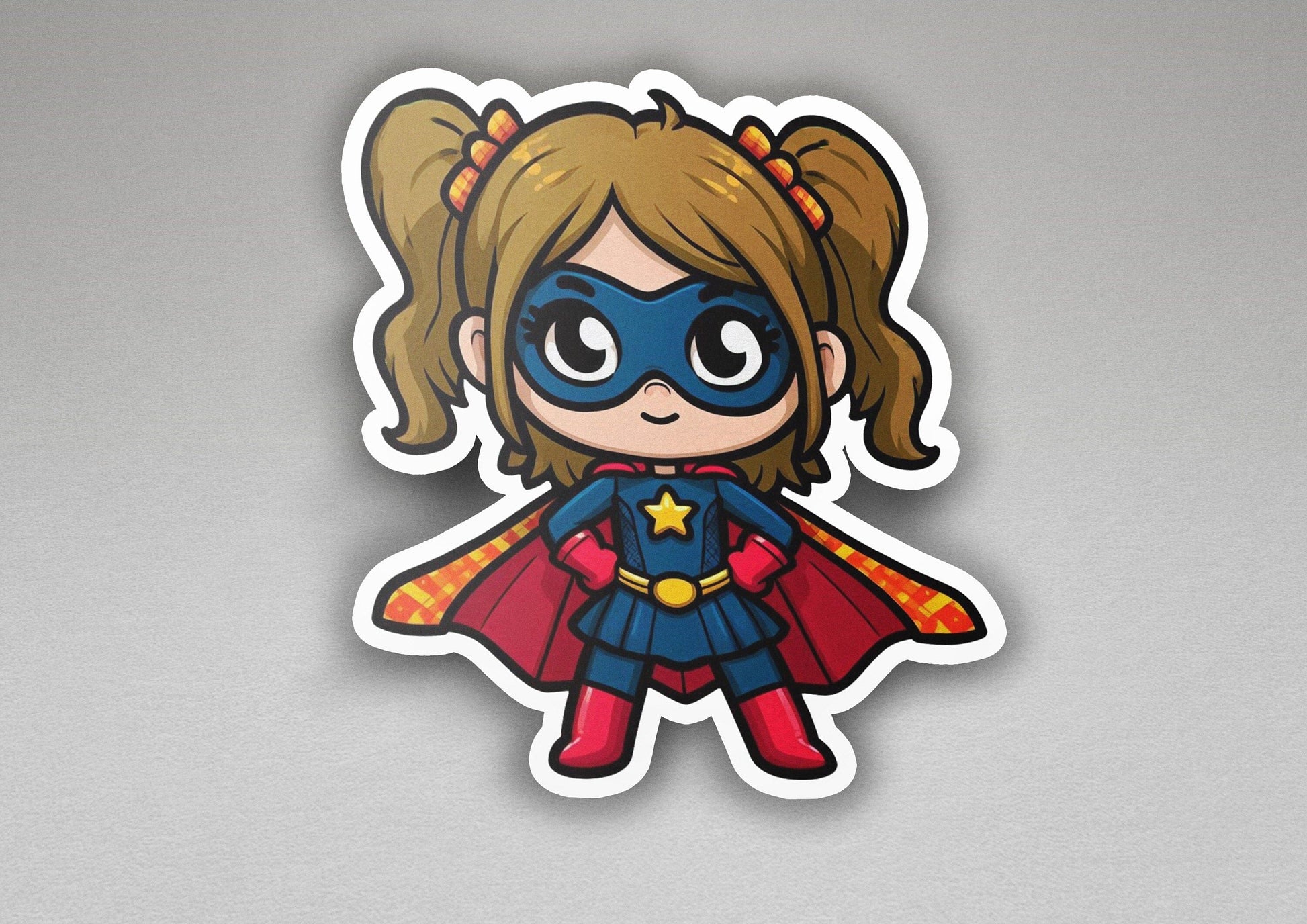 a sticker of a little girl dressed as a super hero