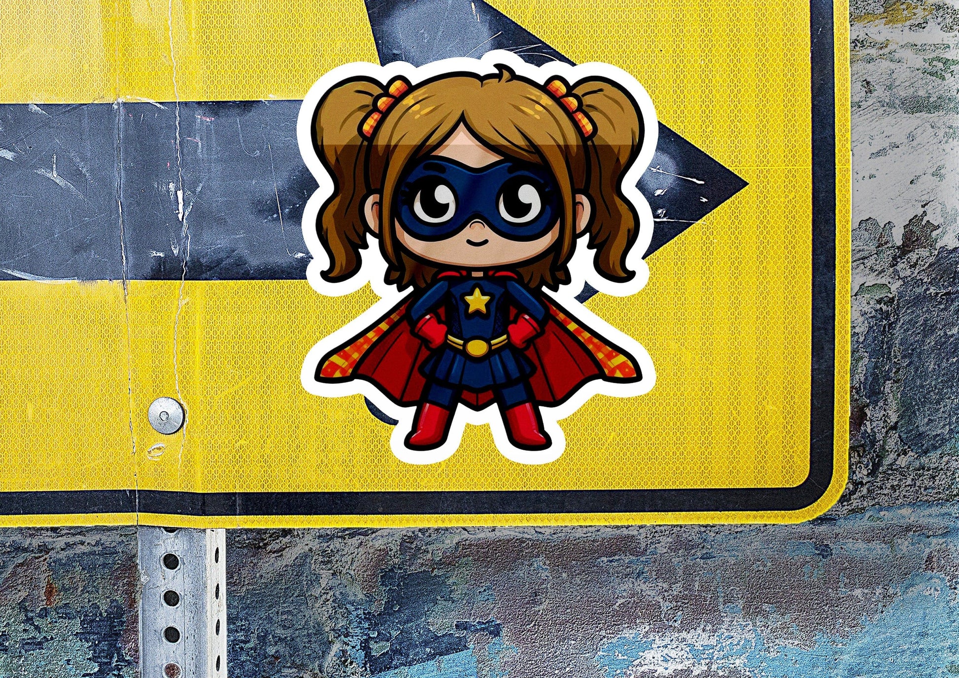 a sticker of a little girl dressed as a supergirl