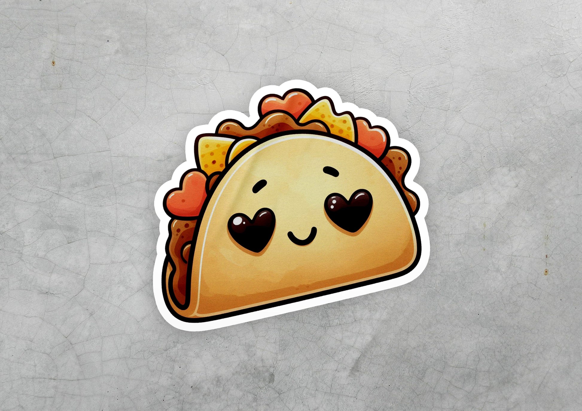 a sticker of a taco with hearts on it