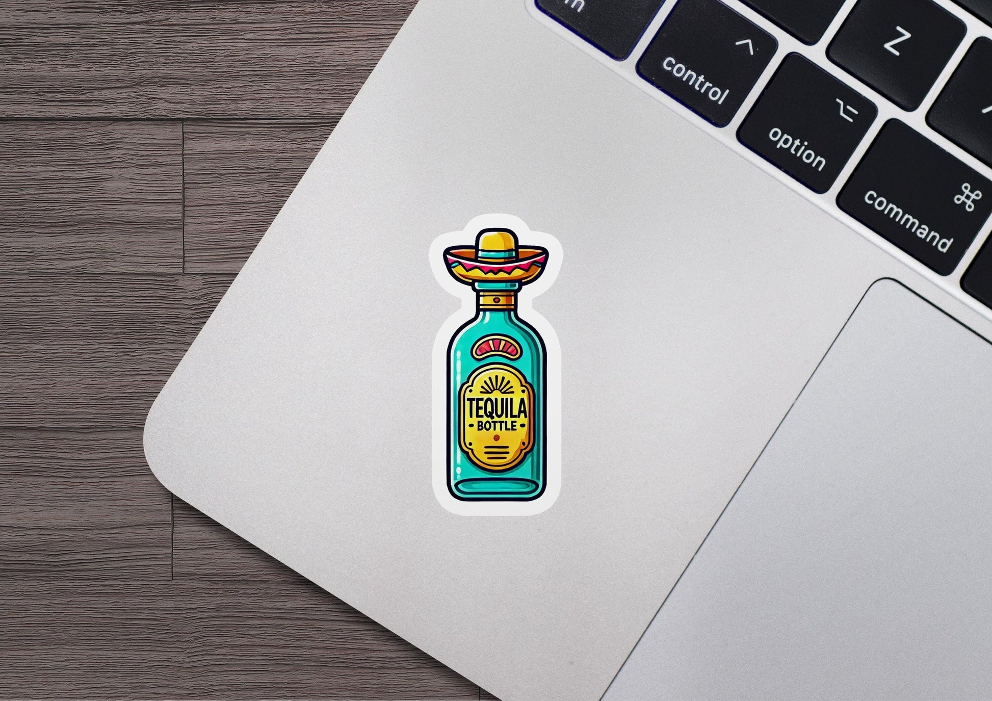 a laptop with a sticker of a bottle of tequila