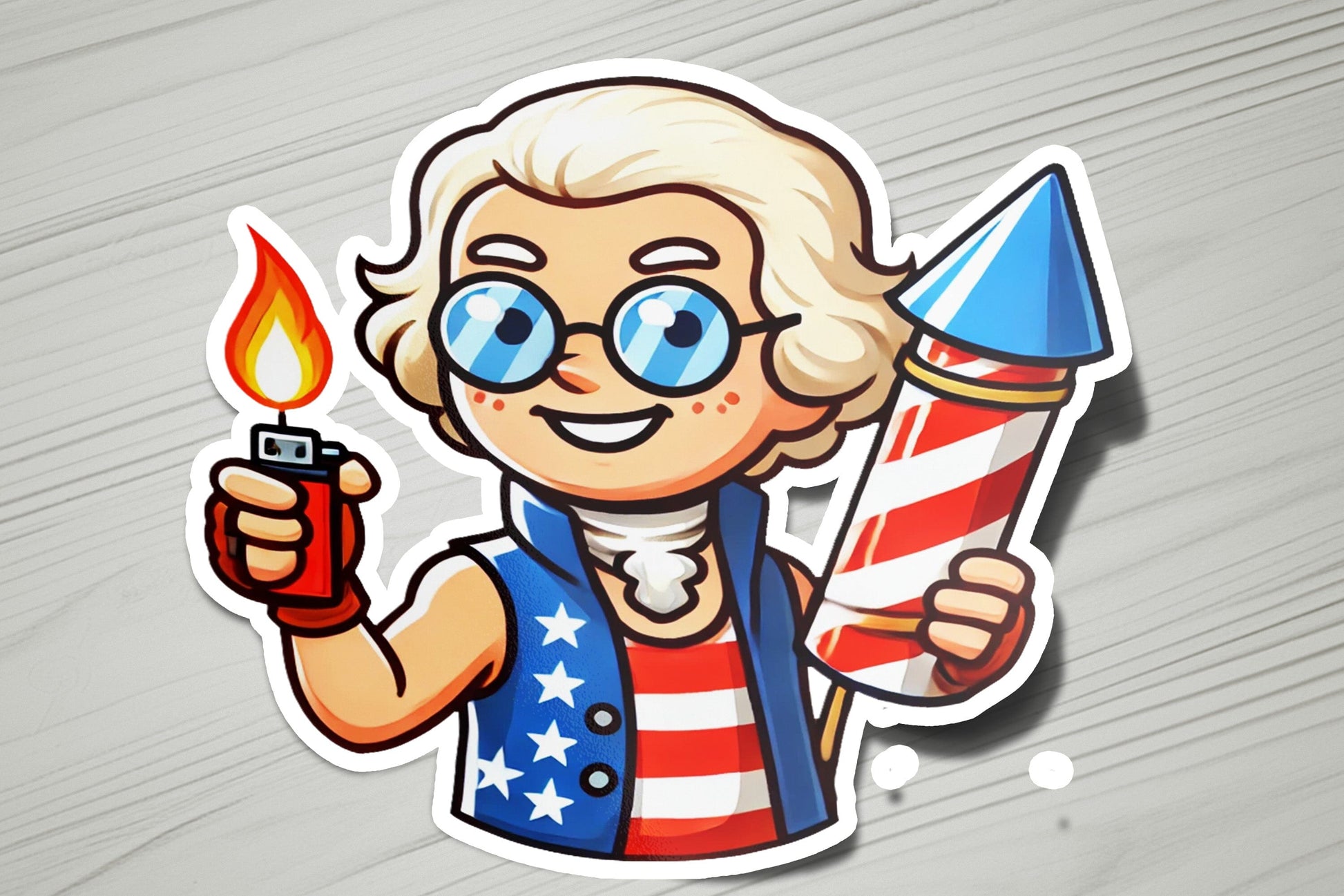 a sticker of a cartoon character holding a lighter