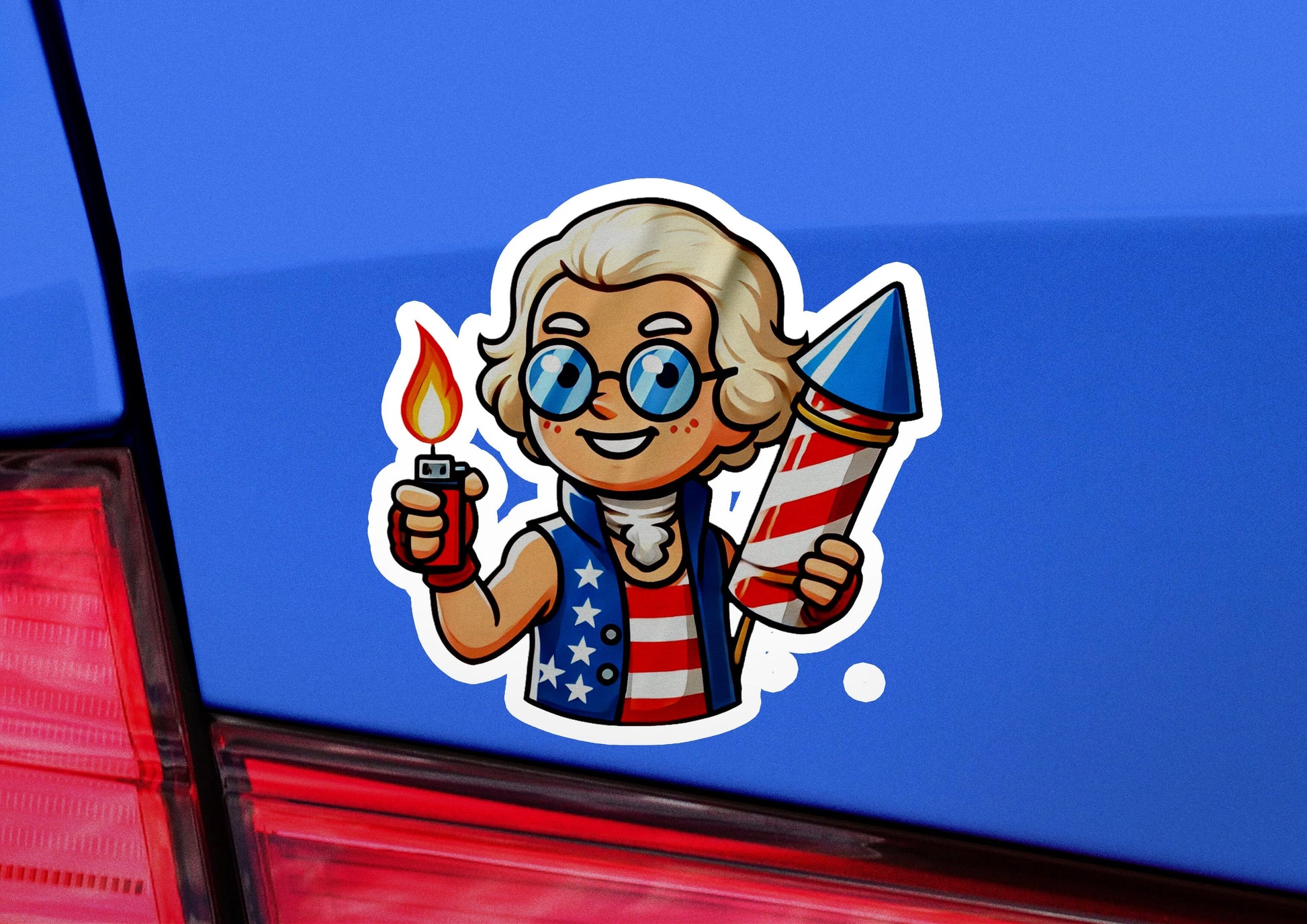 a sticker of an old woman holding a lighter