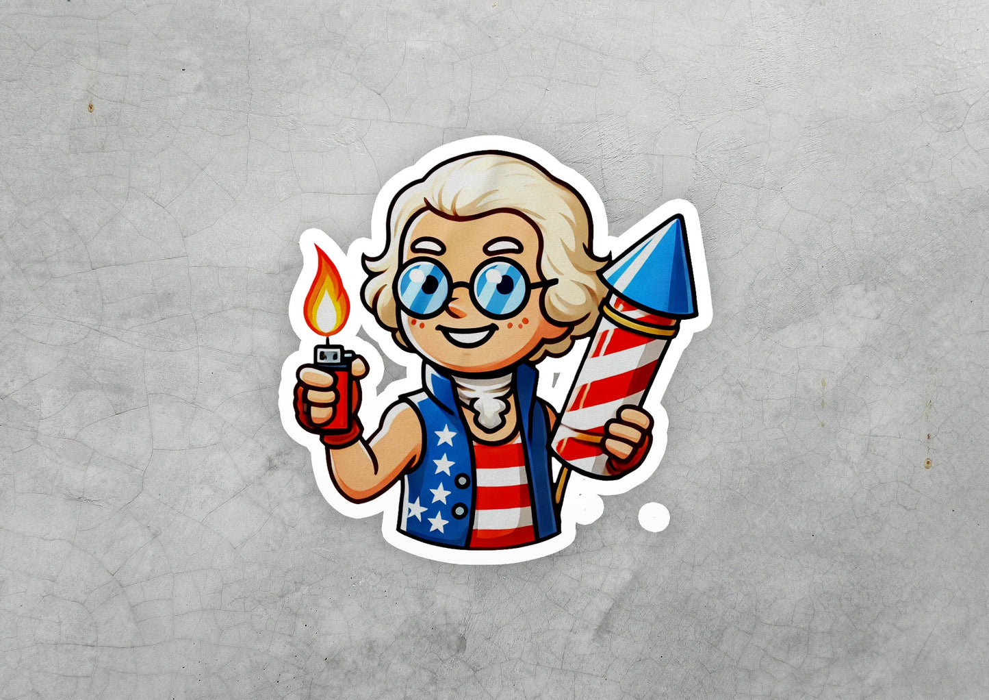 a sticker of a cartoon character holding a lighter
