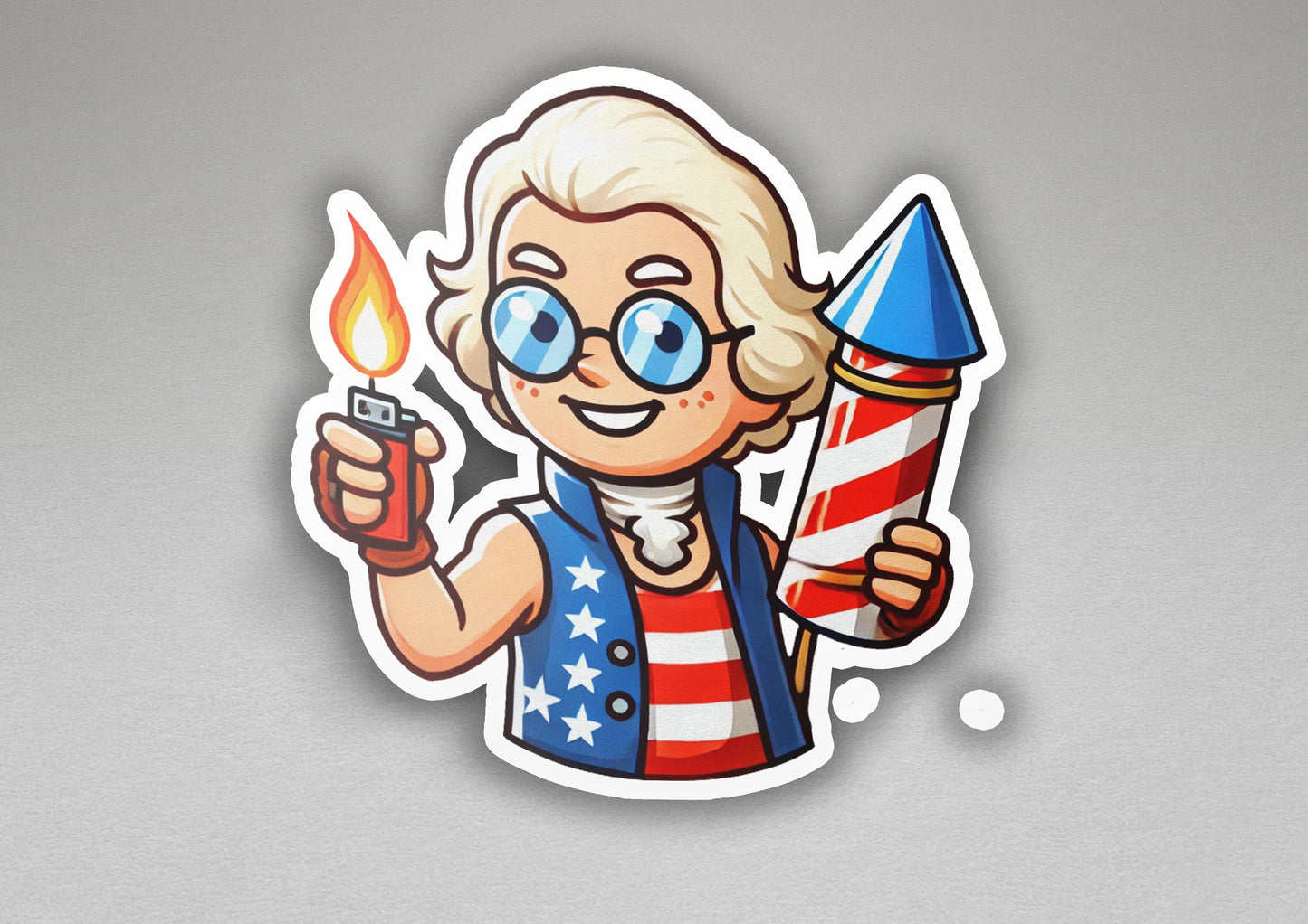 a sticker of a cartoon character holding a lighter