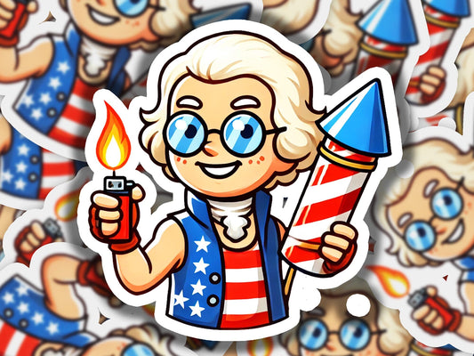 a sticker of a cartoon character holding a lighter