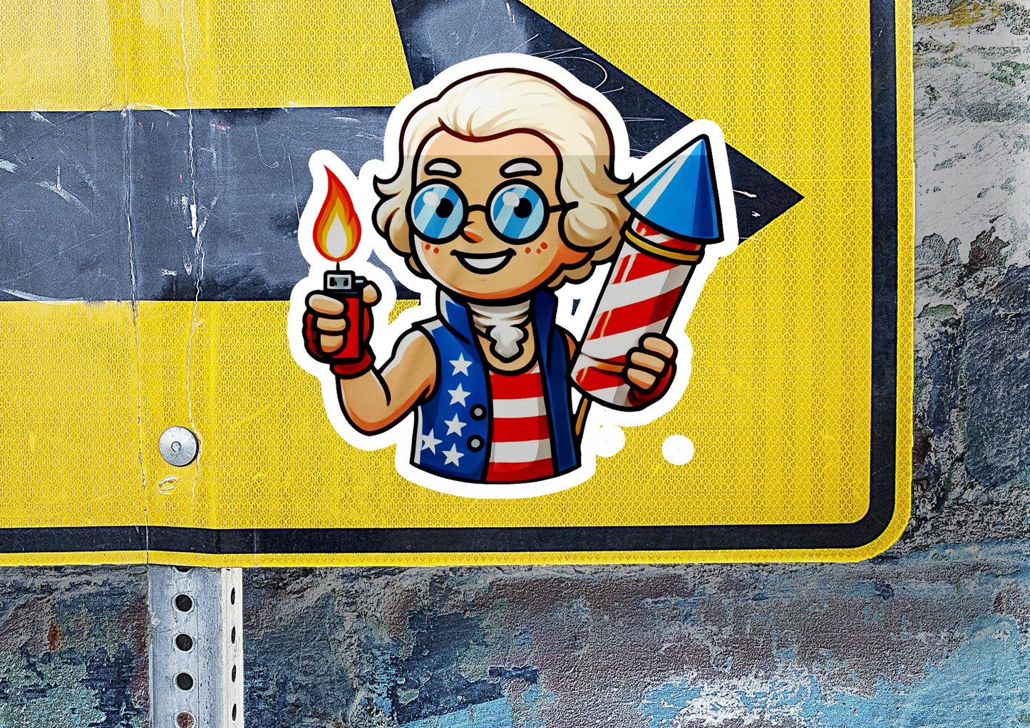 a sticker of a cartoon character holding a fire extinguisher