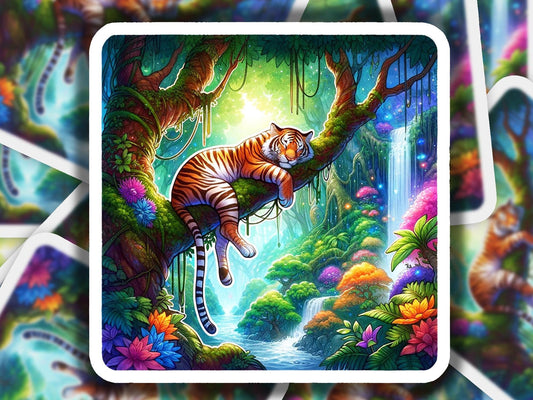a painting of a tiger sleeping on a tree