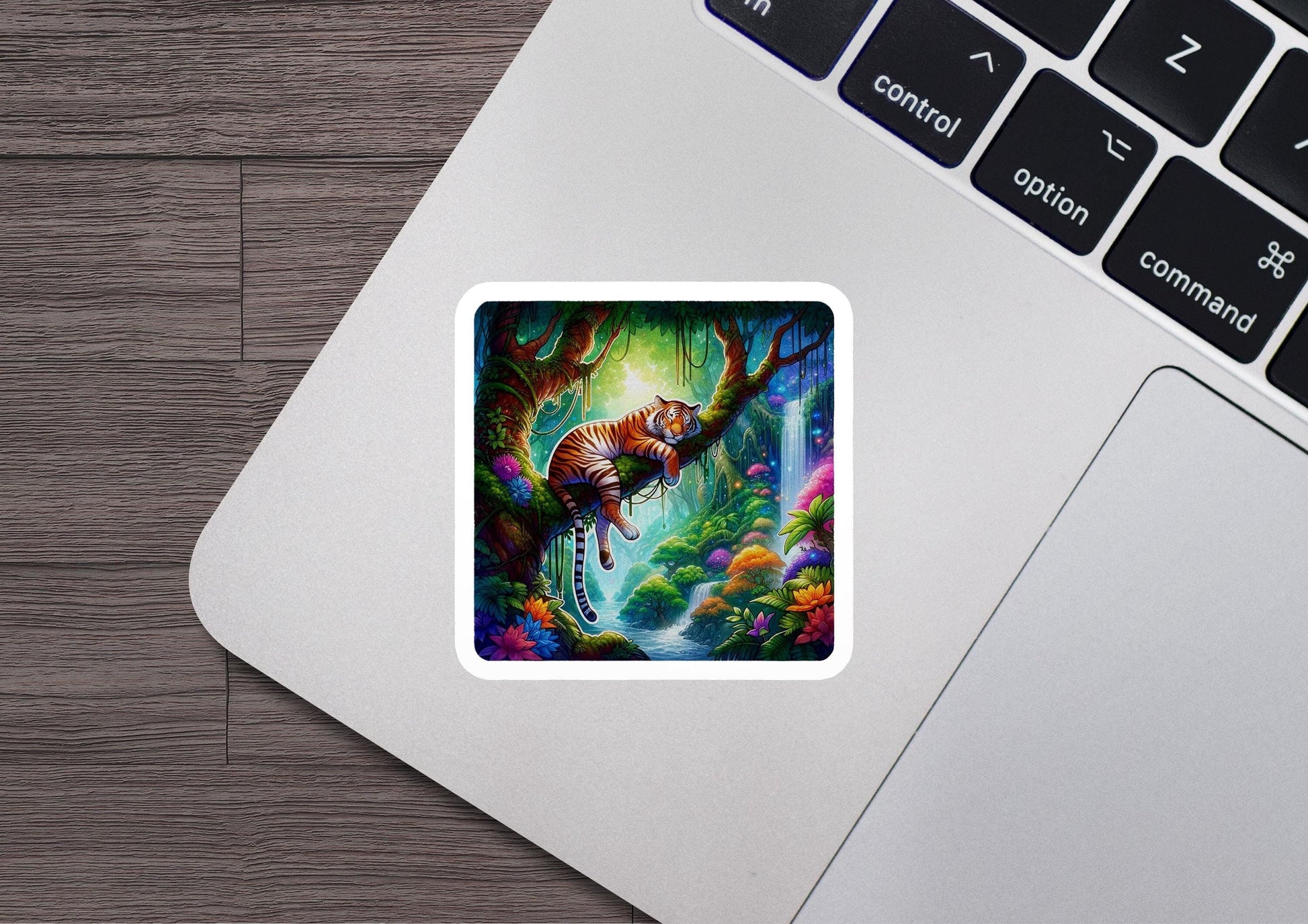 a laptop with a sticker of a tiger on it