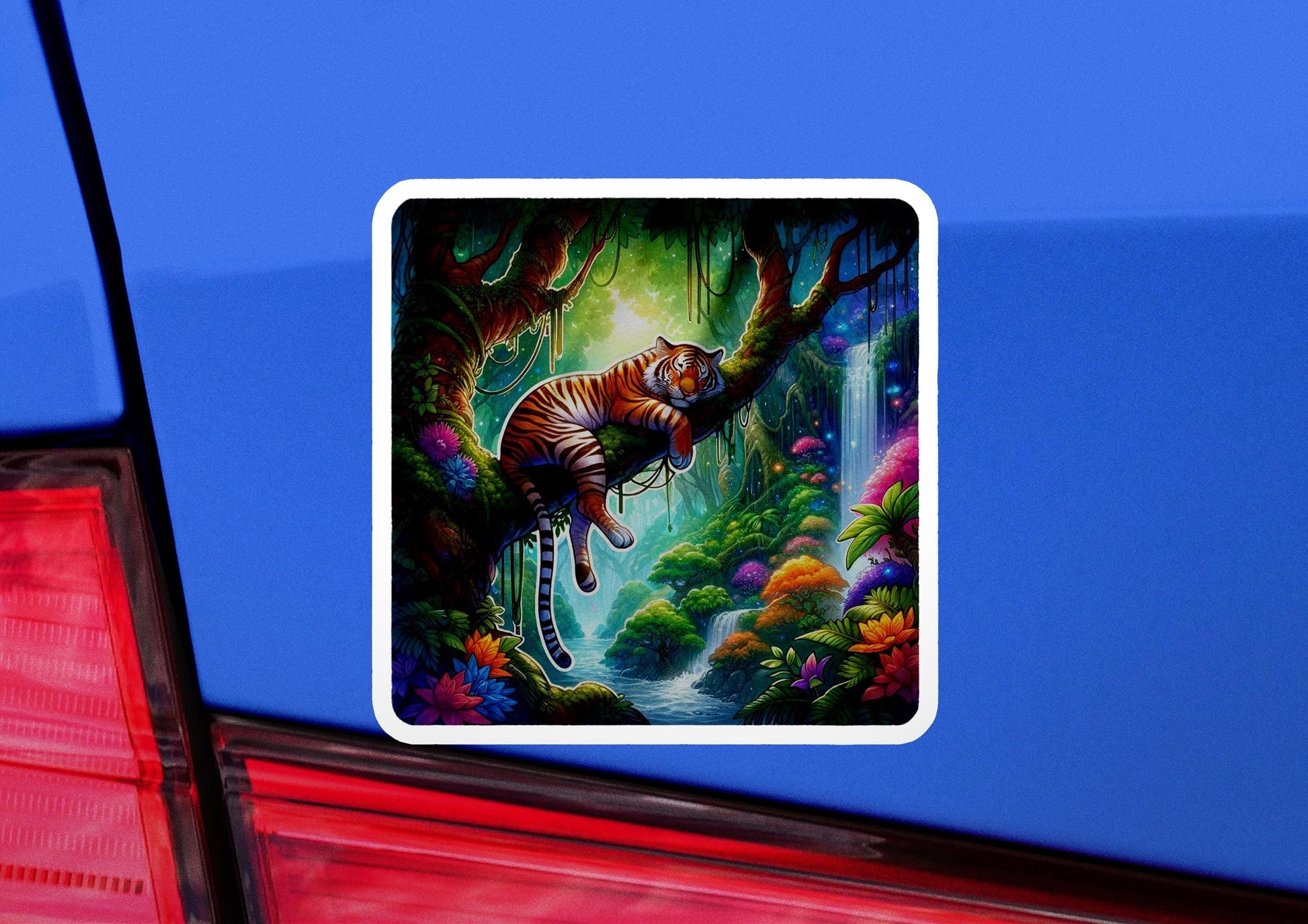 a sticker of a tiger on the back of a car