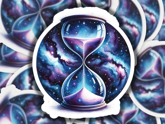 a picture of an hourglass with stars and galaxy in the background