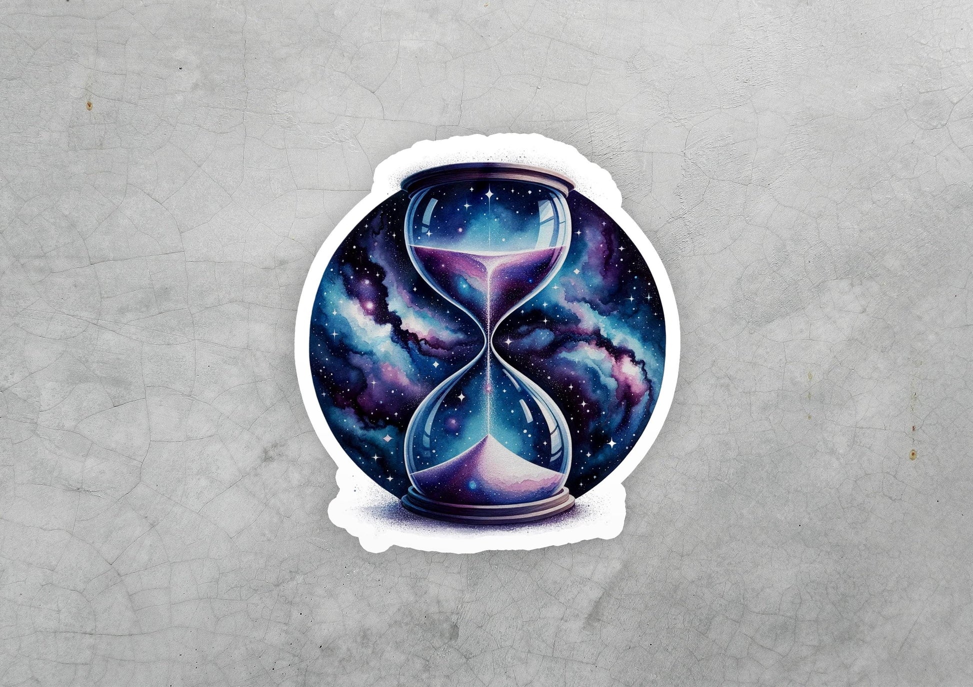 a sticker of an hourglass with a galaxy background