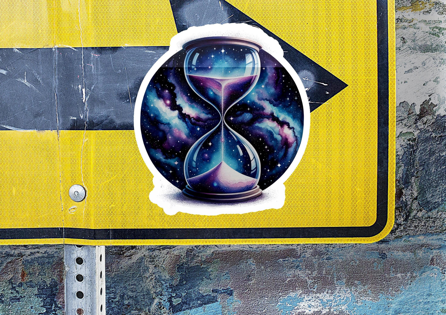 a yellow sign with a picture of an hourglass on it