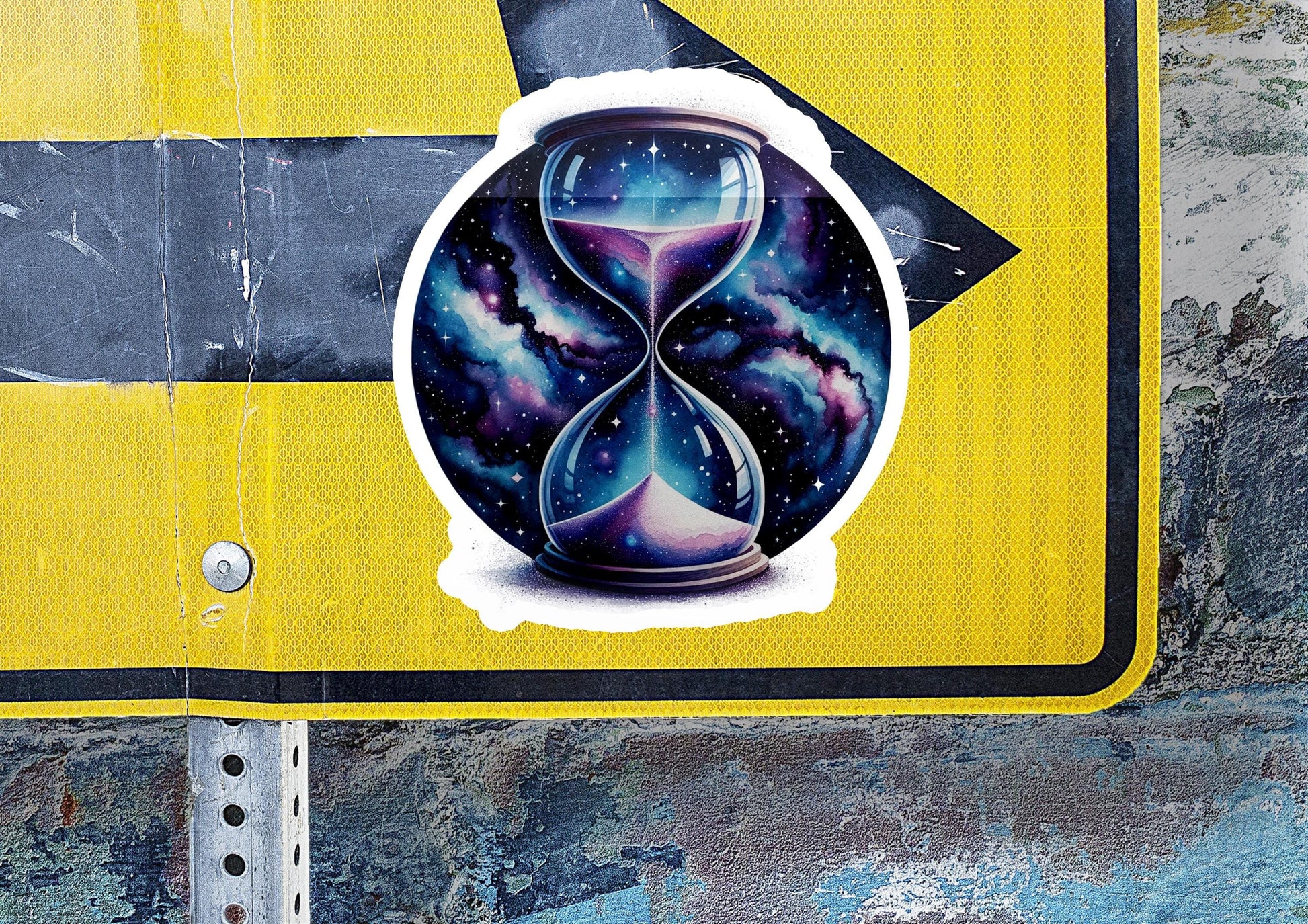 a yellow sign with a picture of an hourglass on it