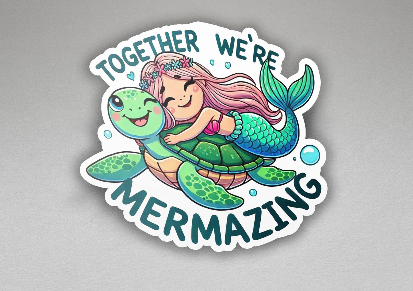 a sticker with a mermaid hugging a turtle