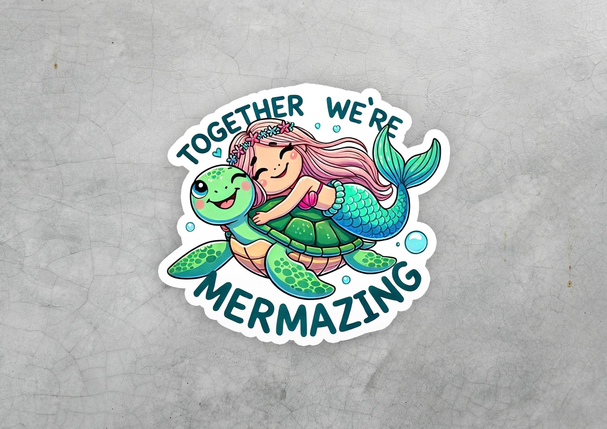 a sticker of a mermaid hugging a turtle