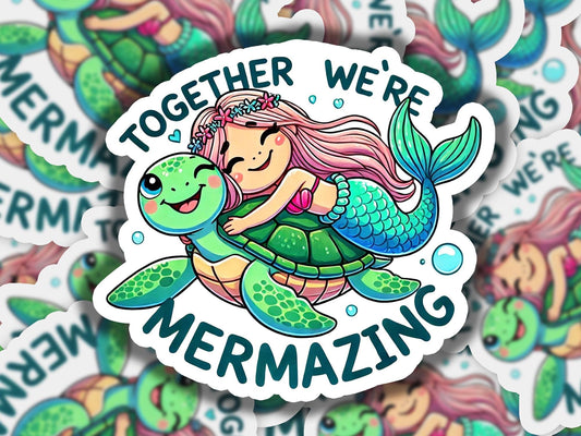 a sticker with a mermaid hugging a turtle