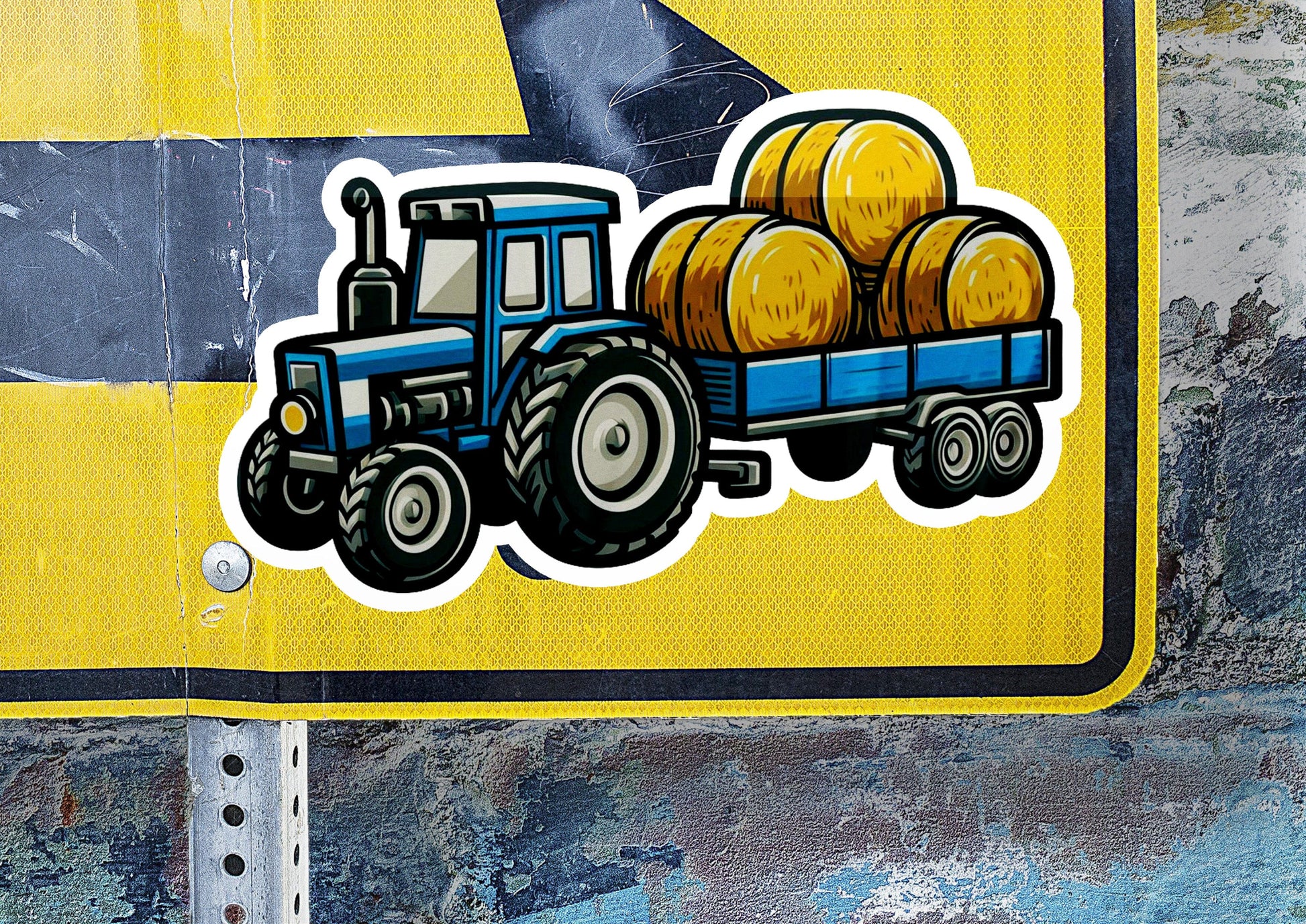 a blue and yellow sign with a tractor and hay bales on it