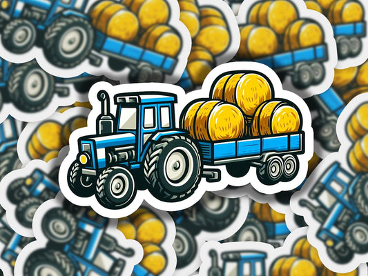 a sticker of a tractor with bales of hay