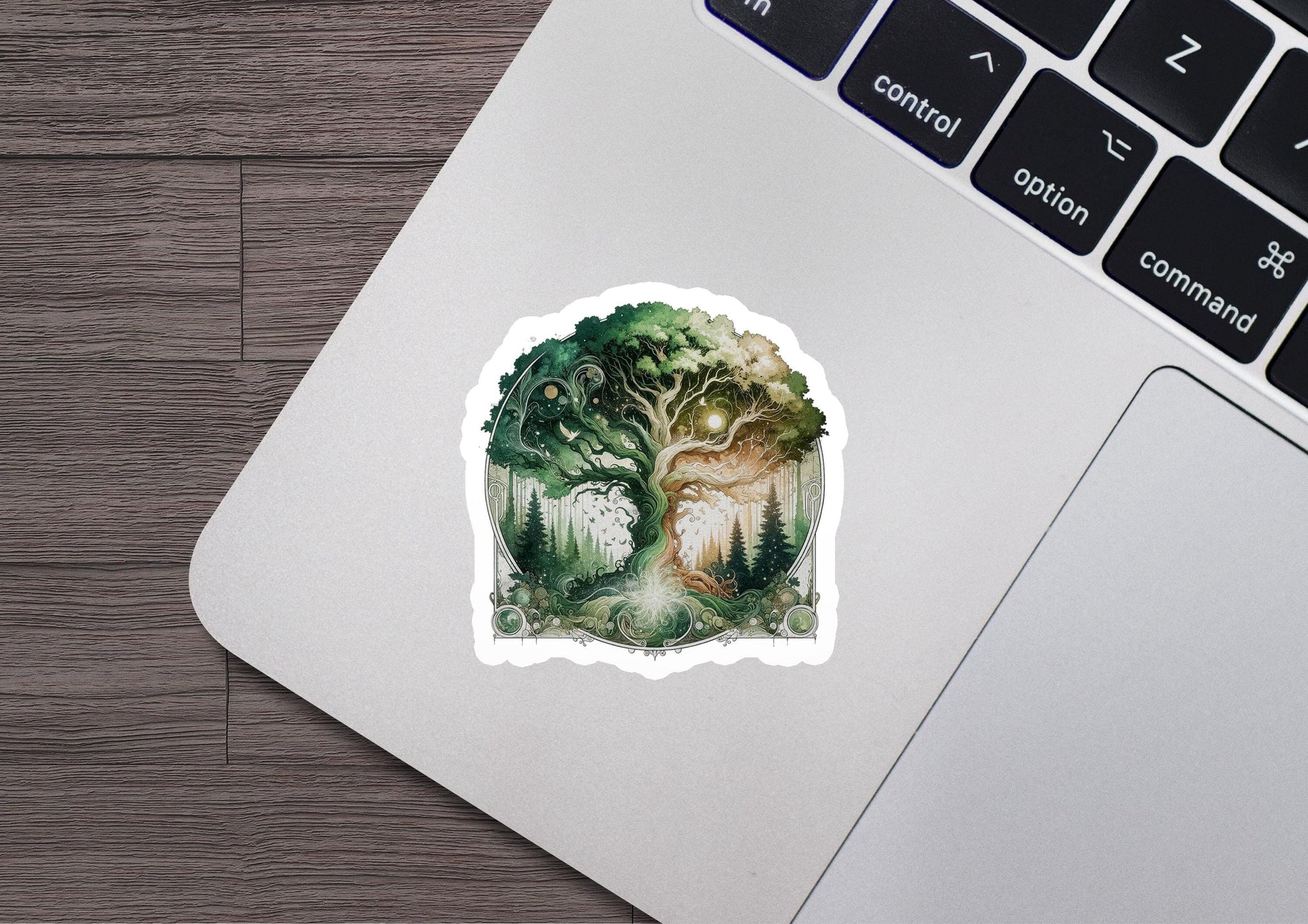 a laptop with a sticker of a forest scene