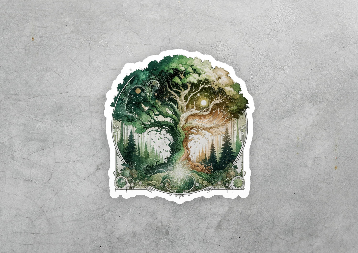 a sticker of a forest scene with a bear and a tree