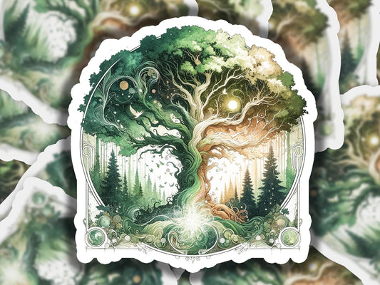 a sticker of a tree with a forest scene in the background