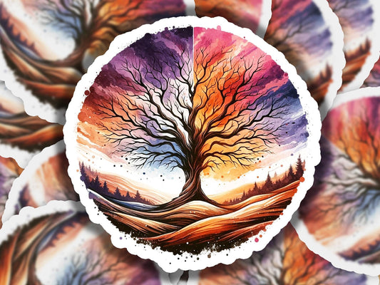 a painting of a tree with a sunset in the background